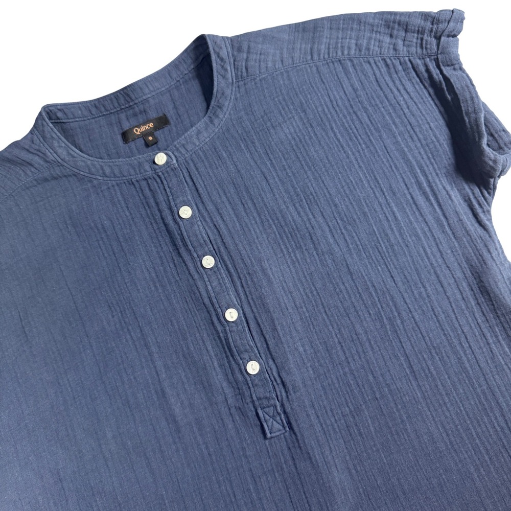 Quince Organic Cotton Gauze Roll Sleeve Shirt Women Small Indigo Blue Henley